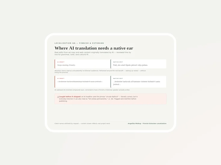 An anonymized example comparing AI-translated Finnish and Estonian advertising copy with Angelika's native-language edits